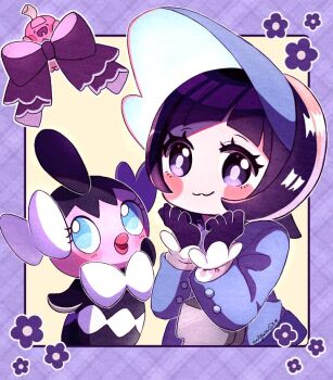 1girl :3 artist_name black_gloves black_hair blue_eyes blunt_bangs blush_stickers bonnet bow eyelashes floral_print gen_5_pokemon gloves gothita grey_eyes hands_up jacket long_sleeves mochopaccho nintendo open_mouth pokemon pokemon_sv poppy_(pokemon) purple_bow short_hair square tinkatink