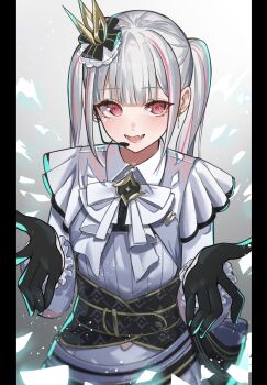 1girl asumi_sena black_gloves blush crown earrings fang gloves grey_hair headset highres jewelry mini_crown multicolored_hair open_mouth pillarboxed pink_eyes pink_hair ringozeri shirt skin_fang solo streaked_hair teeth twintails two-tone_hair virtual_youtuber vspo!
