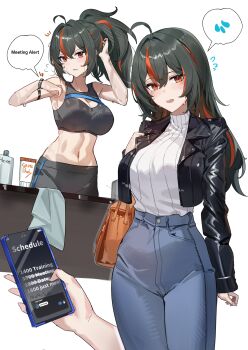 1girl ahoge alternate_hairstyle bag black_hair black_jacket blue_pants breasts cellphone commentary flying_sweatdrops high-waist_pants highres jacket large_breasts long_hair looking_at_viewer maanu multicolored_hair multiple_views navel pants phone ponytail red_eyes red_hair shirt shoulder_bag simple_background smartphone spoken_flying_sweatdrops sports_bra stomach streaked_hair sweat symbol-only_commentary white_background white_shirt yoga_pants zenless_zone_zero zhu_yuan