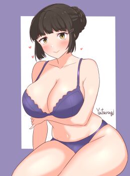 Rule 34 | 1girl, arm under breasts, black hair, bra, braid, braided bun, breasts, brown eyes, cleavage, hair bun, hair ornament, hairclip, heart, highres, kantai collection, large breasts, looking at viewer, myoukou (kancolle), navel, panties, purple bra, purple panties, smile, solo, underwear, underwear only, yatsurugi