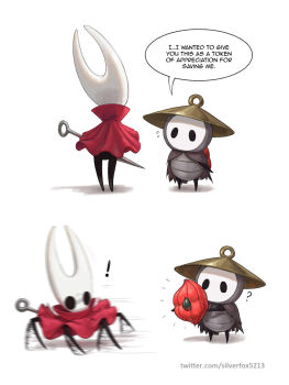 1boy 1girl arthropod_girl artist_name black_eyes black_skin cape cloak colored_skin full_body hat highres holding hollow_eyes hollow_knight hollow_knight:_silksong hornet_(hollow_knight) horns needle_(hollow_knight) red_cloak scared sherma_(hollow_knight) silverfox5213 simple_background standing weapon
