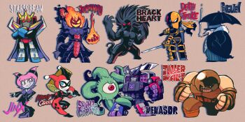 Rule 34 | batman (series), blackheart (marvel), blue eyes, character name, crossover, dc comics, deathstroke, decepticon, dormammu, dual wielding, english text, engrish text, flaming head, from behind, full body, grin, hair horns, hands in pockets, harley quinn, harley quinn (classic), hat, highres, holding, holding mallet, holding sword, holding weapon, jinx (dc), juggernaut (x-men), looking back, mallet, marvel, menasor, muscular, muscular male, no pupils, one eye closed, pink eyes, pink hair, ranguage, rariatto (ganguri), red eyes, robot, shuma gorath, simple background, smile, smoking, solid eyes, standing, starscream, superhero costume, sword, the penguin, transformers, umbrella, weapon