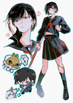 1boy 1girl absurdres black_sailor_collar chibi e_mo_ka fox_mask fox_mask_(silent_hill) highres holding holding_lead_pipe japanese_clothes lead_pipe mask neckerchief red_neckerchief sailor_collar school_uniform serafuku shimizu_hinako short_hair silent_hill_(series) silent_hill_f torn_sleeve