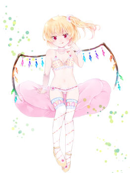 1girl alternate_costume blonde_hair bra breasts cleavage closed_mouth commentary_request crystal crystal_wings flandre_scarlet highres looking_at_viewer midriff minatsuki_yurara multicolored_wings navel one_side_up panties red_eyes shoes small_breasts smile solo sweets_lingerie thighhighs touhou underwear white_panties white_thighhighs wings wrist_cuffs yellow_bra yellow_shoes