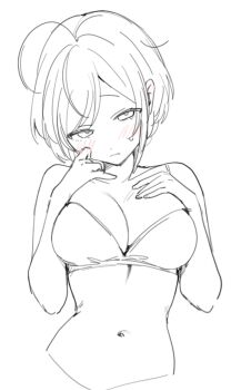 1girl blush breast_suppress breasts grey_hair half-closed_eyes hashtag-only_commentary head_tilt highres large_breasts navel original paragasu_(parags112) parted_bangs short_hair simple_background sketch solo tagme