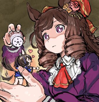 2girls afterimage animal_ears blue_hair blue_jacket brown_hair collar collared_dress daiichi_ruby_(brilliant_red_gemstone)_(umamusume) daiichi_ruby_(umamusume) daitaku_helios_(fun_fun_party_night)_(umamusume) daitaku_helios_(umamusume) dress drill_hair e-ncyo ear_covers flower frilled_collar frilled_sleeves frills hair_flower hair_ornament heart highres horse_ears horse_girl horse_tail jacket long_hair long_sleeves multicolored_hair multiple_girls neckerchief puffy_short_sleeves puffy_sleeves purple_dress purple_eyes red_neckerchief salt_shaker short_hair short_sleeves size_difference streaked_hair tail tail_wagging tiny umamusume