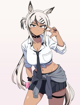 1girl animal_ear_piercing animal_ears black_choker black_eyes black_necktie blue_eyes breasts choker cleavage clothes_around_waist commentary cowboy_shot dark-skinned_female dark_skin galois gradient_background gyaru hair_ornament hairclip highres hip_bones holding holding_phone jewelry large_breasts light_blush long_hair midriff miniskirt multicolored_hair navel navel_piercing necktie one_side_up original phone piercing pleated_skirt ponytail ring scrunchie shirt sidelocks skindentation skirt solo streaked_hair sweater sweater_around_waist thigh_strap tied_shirt two-tone_hair very_long_hair w white_hair wrist_scrunchie zebra_ears zebra_girl zebra_tail