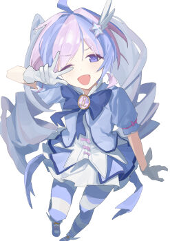 Rule 34 | 1girl, absurdres, blue archive, blue jacket, blue pantyhose, blue shoes, chinese commentary, commentary, drill hair, gloves, highres, jacket, lirn, long hair, looking at viewer, official alternate costume, official alternate hairstyle, one eye closed, open clothes, open jacket, open mouth, pantyhose, purple eyes, purple hair, reisa (blue archive), reisa (magical) (blue archive), shirt, shoes, short sleeves, skirt, solo, striped clothes, striped pantyhose, twin drills, w, w over eye, white gloves, white shirt, white skirt