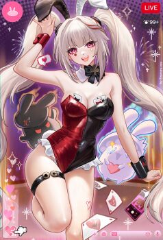 Rule 34 | 1girl, absurdres, alternate costume, animal ears, bare shoulders, bilingual commentary, black bow, black bowtie, bow, bowtie, breasts, cleavage, eravuru, fake animal ears, heart, highres, honkai: star rail, honkai (series), leotard, livestream, long hair, looking at viewer, medium breasts, mixed-language commentary, multicolored leotard, playboy bunny, purple eyes, rabbit ears, smile, solo, sparkle (honkai: star rail), sparxie (honkai: star rail), thigh strap, thighs, two-tone leotard, very long hair, white hair, wrist cuffs