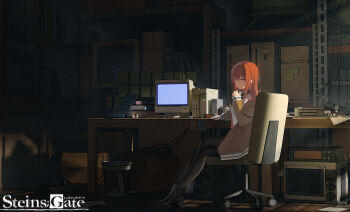 1girl :| absurdres binder black_boots black_pantyhose boots breasts brown_jacket chair closed_mouth commentary_request computer computer_keyboard computer_tower copyright_name crossed_legs crt cxiiii dark expressionless extension_cord film_grain fold-over_boots glint hair_between_eyes hair_intakes hand_on_table headphones headphones_around_neck highres holding holding_headphones indoors jacket light_particles long_hair long_sleeves looking_at_viewer makise_kurisu medium_breasts metal_upa microwave monitor necktie nixie_tube note off_shoulder office_chair pantyhose purple_eyes red_hair red_necktie scenery science_adventure shelf shirt sitting sleeves_past_wrists solo steins;gate sticky_note swivel_chair table trash_can upa_(steins;gate) white_shirt wooden_floor