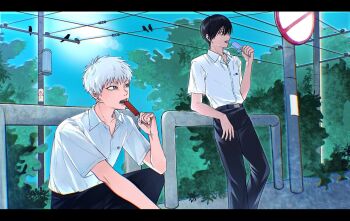 Rule 34 | 2boys, belt, black border, black pants, blue sky, border, collared shirt, commentary request, day, eating, food, highres, hikaru ga shinda natsu, holding, holding food, holding popsicle, indou hikaru, letterboxed, looking at another, male focus, melting popsicle, mole, mole on neck, mole under eye, multiple boys, multiple moles, open collar, outdoors, pants, popsicle, power lines, red pupils, road sign, scar, scar on arm, school uniform, shirt, shirt tucked in, short hair, short sleeves, sign, sky, squatting, standing, sunlight, tree, tsujinaka yoshiki, white shirt, x x3999