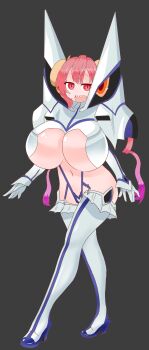 1girl absurdres boots breasts cosplay grin high_heel_boots high_heels highres horns huge_breasts ilulu_(maidragon) junketsu kill_la_kill kiryuuin_satsuki kobayashi-san_chi_no_maidragon looking_at_viewer pink_hair sharp_teeth smile smug teats teeth thigh_boots thighhighs