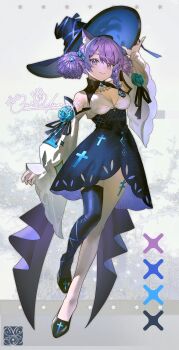 1girl absurdres adjusting_clothes adjusting_headwear artist_name black_shoes black_skirt black_thighhighs blue_eyes blue_flower breasts cleavage closed_mouth commentary commission detached_sleeves dot_nose double_bun flower full_body hair_bun hair_flower hair_ornament hat high-waist_skirt highres long_sleeves looking_at_viewer original pantyhose purple_eyes shirt shoes side_part single_thighhigh skirt smile solo thighhighs watermark white_background white_pantyhose white_shirt white_sleeves witch_hat yunny_(cureyunny)