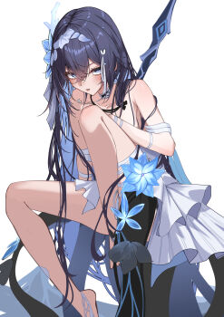 1girl absurdres bare_shoulders barefoot black_hair blue_flower blue_hair blush breasts collarbone colored_inner_hair commentary_request dress flower hair_between_eyes hair_flower hair_ornament highres honkai_(series) honkai_impact_3rd invisible_chair kamishiro_noa looking_at_viewer medium_breasts multicolored_hair parted_lips seele_vollerei seele_vollerei_(herrscher_of_rebirth) simple_background sitting solo white_background white_dress