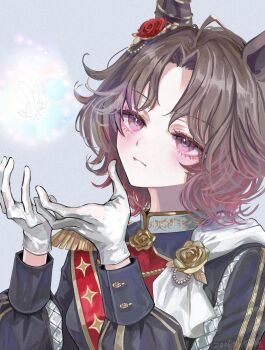 Rule 34 | 1girl, animal ears, blush, brown hair, closed mouth, commentary request, epaulettes, gloves, happy birthday, highres, horse ears, horse girl, long sleeves, naenaejkr, puffy long sleeves, puffy sleeves, red sash, rose kingdom (racing) (umamusume), rose kingdom (umamusume), sash, short hair, shoulder sash, simple background, single epaulette, solo, umamusume, upper body, white gloves