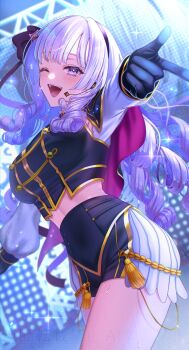 1girl absurdres black_gloves black_skirt black_vest breasts commentary_request cowboy_shot drill_hair gloves highres hyakumantenbara_salome idol kisiti_07 large_breasts miniskirt nijisanji one_eye_closed open_mouth pleated_skirt purple_eyes purple_hair shirt skirt solo stage vest virtual_youtuber white_shirt white_skirt