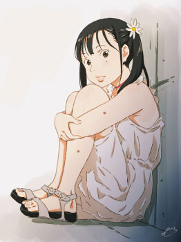 1girl armpit_crease black_hair brown_eyes choker closed_mouth commentary daisy_(flower) dress flower full_body hair_flower hair_ornament highres hugging_own_legs long_hair looking_at_viewer mole mole_on_arm mole_on_leg mole_under_eye monodevil on_ground original red_choker sandals signature sitting sketch_background sleeveless sleeveless_dress solo tanline_peek thick_lips tile_wall tiles twintails white_dress wispy_bangs