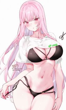 1girl bikini black_bikini blush breasts commentary cropped_shirt english_commentary highres hololive hololive_english kamiya_maneki large_breasts long_hair looking_at_viewer mixed-language_commentary mori_calliope nail_polish navel pink_eyes pink_hair pout shirt simple_background solo stomach swimsuit virtual_youtuber white_background white_shirt