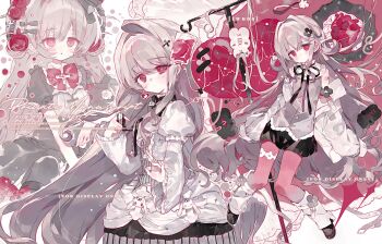 1girl black_skirt blood bow commission cross_hair_ornament crying crying_with_eyes_open dress earrings hair_bow hair_intakes hair_ornament hairband halo heart_(organ) highres jacket jewelry leg_warmers long_hair long_sleeves looking_at_viewer mihuashi_commission multiple_views original pearl_hairband pink_hair red_eyes single_earring skirt tears twuos very_long_hair watermark white_bow white_dress white_jacket white_leg_warmers