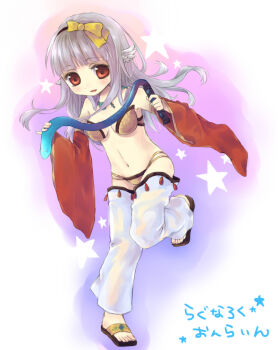 1girl bikini black_hairband black_sandals blush bow breasts commentary_request detached_sleeves feathered_wings full_body grey_hair gypsy_(ragnarok_online) hair_bow hairband harem_pants haruno_ichigo head_wings holding holding_whip long_hair looking_at_viewer medium_breasts navel open_mouth orange_eyes pants ragnarok_online red_sleeves sandals smile solo standing standing_on_one_leg star_(symbol) strapless strapless_bikini swimsuit translation_request white_background white_pants white_wings wings yellow_bikini yellow_bow