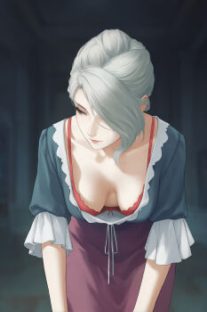 1girl anabella_rosfield blurry blurry_background bra bra_peek bra_strap breasts breasts_apart cleavage downblouse final_fantasy final_fantasy_xvi frilled_sleeves frills grey_hair highres large_breasts leaning_forward looking_to_the_side mature_female miura-n315 red_bra solo underwear