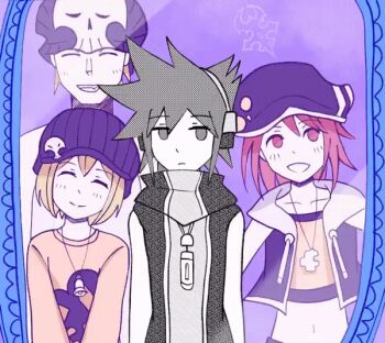 2boys 2girls animated animated_gif beanie bell bito_daisukenojo bito_raimu blonde_hair newsboy_cap empty_eyes eyebrows closed_eyes glitch hat headphones high_collar jewelry medium_hair mirror misaki_shiki mp3_player multiple_boys multiple_girls necklace omori parody red_hair red_shirt sakuraba_neku shirt skull_pin skull_print sleeveless sleeveless_shirt spiked_hair static style_parody subarashiki_kono_sekai