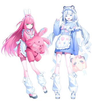 Rule 34 | 2girls, animal ears, aokumo rin, apron, bandaid, bandaid on leg, blue eyes, blue hair, blue shoes, commentary, fake animal ears, full body, green eyes, hanako nana, highres, jersey maid, long hair, long sleeves, looking at viewer, maid, multicolored hair, multiple girls, open mouth, parted lips, pink hair, pink shoes, rabbit ears, shirt, shoes, simple background, smile, standing, stellive, symbol-only commentary, teeth, unconventional maid, upper teeth only, virtual youtuber, white apron, white hair, white shirt, zetto023