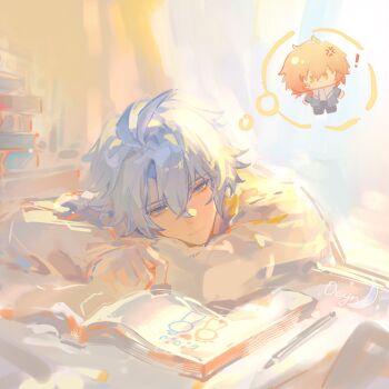 ! 2boys absurdres anger_vein antenna_hair artist_name blonde_hair blue_eyes character_doll chinese_commentary commentary_request doll gradient_hair head_down highres honkai:_star_rail honkai_(series) male_focus multicolored_hair multiple_boys mydei_(honkai:_star_rail) parted_bangs phainon_(honkai:_star_rail) red_hair shirt short_hair white_hair white_shirt yuqiu777