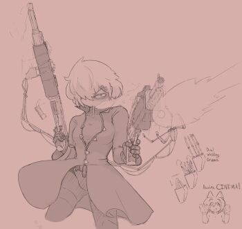 2girls absolute_cinema_(meme) afterimage android animal_ears bags_under_eyes bodysuit bodysuit_under_clothes breasts buttons casing_ejection cigarette coat combat_shotgun commentary cropped_legs cyberpunk dflaron dual-mode_shotgun dual_wielding english_commentary english_text extra_arms firing floating_clothes glaring gloves gun hair_ornament hair_over_one_eye hairclip hatching_(texture) head_down highres holding holding_gun holding_weapon linear_hatching looking_to_the_side marie_(peripeteia) mechanical_arms meme monochrome multiple_girls muzzle_flash original partially_unbuttoned peripeteia pump-action_shotgun pump_action recoil reference_sheet semi-automatic_shotgun shell_casing short_hair shotgun simple_background sketch small_breasts smoke smoking smoking_barrel spas-12 standing trench_coat triangle_button weapon