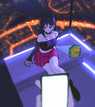 Rule 34 | 1girl, bare shoulders, black choker, black eyes, black hair, black nails, black shirt, blurry, bouquet, breasts, choker, cleavage, collarbone, commentary, crop top, depth of field, flower, large breasts, long hair, long sleeves, looking at viewer, midriff, miniskirt, nail polish, navel, off-shoulder shirt, off shoulder, original, pleated skirt, ponytail, red skirt, shirt, sitting, siun, skirt, smile