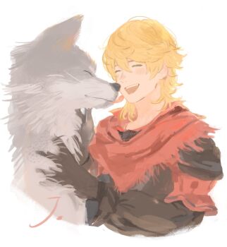 1boy black_gloves black_jacket blonde_hair closed_eyes commentary_request final_fantasy final_fantasy_xvi gloves hair_between_eyes j2_path jacket joshua_rosfield light_blush male_focus medium_hair open_mouth petting red_scarf scarf smile torgal_(ff16) upper_body white_background wolf