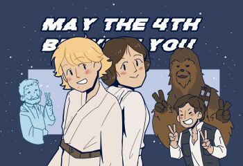 1girl 4boys black_vest blonde_hair blush bonanza_marco brown_fur brown_hair chewbacca double_v english_text ghost grin han_solo highres luke_skywalker may_the_4th multiple_boys obi-wan_kenobi open_clothes open_vest princess_leia shirt short_hair smile star_wars star_wars:_a_new_hope tunic v vest white_shirt white_tunic wookiee
