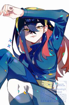 1girl black_hair blue_jacket blue_pants blueberry_academy_school_uniform carmine_(pokemon) colored_inner_hair commentary crossed_bangs eyelashes hair_between_eyes hairband half-closed_eyes highres jacket kawasaki_(kwsk_8765) long_hair long_sleeves looking_at_viewer mole mole_under_eye multicolored_hair nintendo open_mouth pants pokemon pokemon_scarlet_and_violet red_hair school_uniform solo two-tone_hair watermark white_background yellow_eyes yellow_hairband
