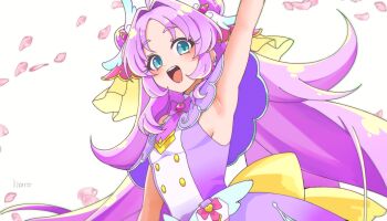 Rule 34 | 1girl, :d, absurdres, ahoge, akechi anna, armpits, back bow, blue eyes, bow, breasts, brooch, buttons, capelet, commentary request, cure answer, dot nose, double-breasted, double bun, dress, hair bun, hair intakes, hair ornament, heart, heart brooch, heart in eye, highres, jewelry, kiratto777, large bow, long hair, looking at viewer, magical girl, meitantei precure!, open mouth, pact holder, petals, precure, purple bow, purple capelet, purple dress, purple hair, sideboob, sidelocks, signature, simple background, small breasts, smile, solo, symbol in eye, thick eyebrows, upper body, veil, white background, yellow bow, yellow veil