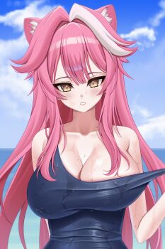 Rule 34 | 1girl, absurdres, animal ears, arm behind back, bare shoulders, blue one-piece swimsuit, blue sky, blush, clothes pull, day, dot nose, eyelashes, female focus, hand up, highres, hololive, hololive english, looking at viewer, multicolored hair, nagamma, ocean, one-piece swimsuit, one-piece swimsuit pull, outdoors, panther ears, panther girl, parted lips, pink hair, raora panthera, sky, solo, swimsuit, teeth, two-tone hair, upper body, virtual youtuber, water, white hair, yellow eyes