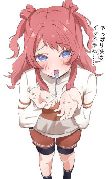 1girl absurdres black_socks blue_eyes blush brown_hair commentary gakuen_idolmaster hanami_saki hands_up highres idolmaster long_hair open_mouth orange_shorts sexually_suggestive shirt shorts simple_background slime_(substance) socks solo tongue tongue_out translation_request two_side_up urishima white_background white_shirt
