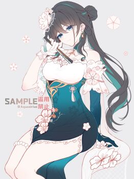 Rule 34 | 1girl, aqua eyes, aqueasirius, asymmetrical gloves, black hair, breasts, commentary, dress, earrings, fishnets, floral print, gloves, hair ornament, hand fan, highres, honkai: star rail, honkai (series), jewelry, long hair, medium breasts, mismatched gloves, multicolored hair, off shoulder, official alternate costume, ruan mei (honkai: star rail), ruan mei (plumblossom letter) (honkai: star rail), sample watermark, single earring, sitting, streaked hair, symbol-only commentary, thigh strap, two-tone dress, watermark