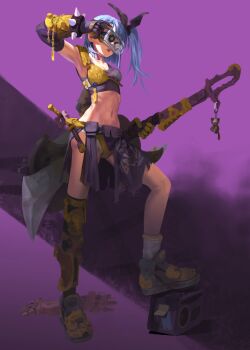 Rule 34 | 1girl, absurdres, armor, armpits, axe, battle axe, bikini armor, blue eyes, blue hair, bracelet, breasts, collar, commentary, elbow gloves, full body, gauntlets, gihyeon lee, gloves, highres, holding, holding axe, holding weapon, huge weapon, jewelry, knife, korean commentary, long hair, looking at viewer, midriff, navel, open mouth, original, shoes, side ponytail, socks, solo, spikes, standing, sword, underwear, weapon