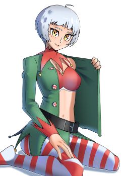 Rule 34 | absurdres, bra, christmas, commentary, elizabeth (persona), english commentary, gjh, highres, pantyhose, persona, persona 3, persona 3 portable, persona 3 reload, red bra, red pantyhose, short hair, solo, striped clothes, striped pantyhose, underwear, white hair, white pantyhose, yellow eyes