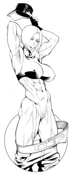 1girl armpit_hair blue_mary breasts burustandin female_pubic_hair greyscale highres large_breasts looking_at_viewer monochrome muscular muscular_female nipples pubic_hair pussy short_hair smile snk solo the_king_of_fighters the_king_of_fighters_xiv thighs uncensored