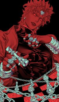 1boy bishounen black_nails bracelet circlet dio_brando earrings hierophant_green highres jewelry jojo_no_kimyou_na_bouken limited_palette long_hair magician&#039;s_red male_focus monochrome multiple_rings red_eyes red_theme ring scar scar_on_neck silver_chariot smile stand_(jojo) star_platinum stardust_crusaders the_world vampire zhhy3324