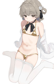 1girl ahoge alternate_costume arm_support bikini black_ribbon brown_eyes brown_hair cameltoe closed_mouth clothes_pull flat_chest flower full_body gold_bikini hair_flower hair_ornament hair_ribbon hair_rings hatoba_tsugu highres leaning_back loli looking_at_viewer micro_bikini navel neck_ribbon pantyhose pantyhose_pull ribbon ribs rose shirt shirt_partially_removed simple_background single_hair_ring sitting sleeves_past_fingers sleeves_past_wrists solo swimsuit tsugu_(vtuber) virtual_youtuber wariza white_background white_flower white_pantyhose white_rose white_shirt yuk1