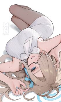 1girl absurdres asuna_(blue_archive) black_pantyhose blonde_hair blue_archive blue_eyes blue_halo blue_nails breasts glasses hair_over_one_eye halo highres large_breasts long_hair lying nail_polish on_back pantyhose quilm simple_background sleeveless sleeveless_sweater smile solo sweat sweater white_background white_sweater
