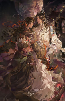 2boys absurdres animal animal_on_back backpack_basket basket black_eyes black_hair black_hanfu brown_hair chenshixuanxiaoyipinyixiao chinese_clothes chinese_text closed_mouth couple eye_contact floating_hair flower full_moon hair_down hair_ribbon half_updo hanfu headband highres holding holding_hands lan_wangji long_hair long_sleeves looking_at_another lotus lotus_leaf lotus_pod male_focus modao_zushi moon multiple_boys night official_alternate_hairstyle pink_flower profile rabbit red_ribbon ribbon ribboned_xiao_guan robe seal_impression sky smile standing topknot watermark wei_wuxian wei_wuxian_(yiling_laozu) white_flower white_hanfu white_headband wide_sleeves xiao_guan_(headdress) yaoi yellow_eyes