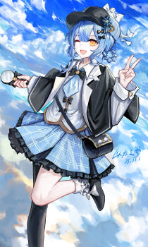1girl ;d absurdres asymmetrical_legwear black_bag black_capelet black_hat black_shoes blue_hair blue_necktie blue_skirt blue_sky braid braided_hair_rings capelet cloud deerstalker foot_out_of_frame grey_vest hair_rings hat highres holding holding_magnifying_glass long_sleeves looking_at_viewer magnifying_glass mahou_shoujo_no_majo_saiban miniskirt necktie one_eye_closed open_mouth outdoors shirt shoes short_hair skirt sky smile socks solo standing standing_on_one_leg tachibana_sherry v vest white_shirt white_socks yellow_eyes yitai_zhi_meng