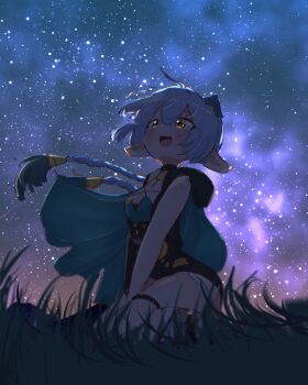 1girl animal_ears blush braid breasts cape cleavage commentary fang goat_ears goat_girl goat_horns grass hair_between_eyes highres horns kesiutu lucia_elowen medium_breasts night night_sky on_ground open_mouth outdoors pointy_ears sitting sky solo star_(sky) starry_sky thigh_strap twin_braids zenless_zone_zero