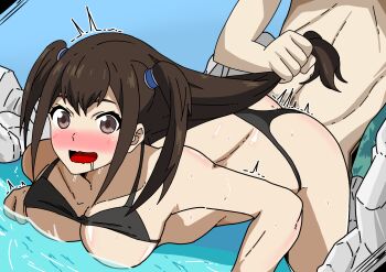Rule 34 | 1boy, 1girl, apoelayoshi7, ass, beach, bikini, bikini bottom aside, bikini lift, bikini top lift, black bikini, black hair, blush, breasts, brown eyes, cheating (relationship), clothes lift, clothing aside, derivative work, doggystyle, grabbing another's hair, hair ornament, hetero, highres, holding another's hair, iwatani naofumi, kazayama kizuna, long hair, mark gavatino, medium breasts, netorare, open mouth, sex, sex from behind, swimsuit, tate no yuusha no nariagari, traced, two side up, water