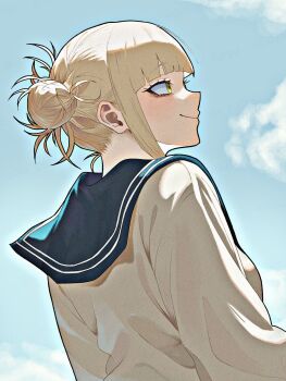 1girl black_sailor_collar blonde_hair blue_sky blunt_bangs boku_no_hero_academia braid breasts closed_mouth commentary_request highres konbu_babu light_blush medium_breasts messy_hair profile sailor_collar school_uniform serafuku shirt sky smile solo toga_himiko twin_braids updo upper_body white_shirt yellow_eyes