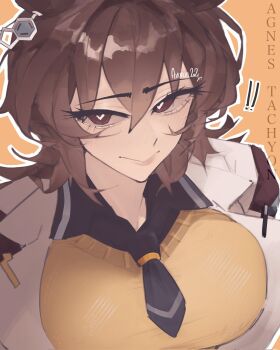1girl agnes_tachyon_(tach-nology)_(umamusume) agnes_tachyon_(umamusume) animal_ears black_collar black_necktie blush breasts brown_eyes brown_hair coat collar commentary from_above hair_between_eyes hair_intakes heart heart-shaped_pupils highres horse_ears horse_girl lab_coat large_breasts looking_at_viewer necktie notaxuaxi short_necktie smile sweater_vest symbol-shaped_pupils umamusume white_coat wolf_cut
