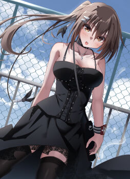 1girl absurdres arm_at_side arm_behind_back armpit_crease bare_shoulders belt_collar black_dress black_thighhighs blue_sky blush breasts brown_eyes brown_hair chain-link_fence cigarette cleavage collar collarbone colored_eyelashes commentary_request cowboy_shot cross cross_necklace day dress dutch_angle fence floating_hair gabanborjarnon hair_ornament hairclip highres holding holding_cigarette jewelry large_breasts long_hair looking_at_viewer minakami_yuki necklace open_mouth outdoors parallel_hairclips ponytail sidelighting sidelocks sky sleeveless sleeveless_dress smoke smoking solo subarashiki_hibi tareme teeth thighhighs upper_teeth_only wristband
